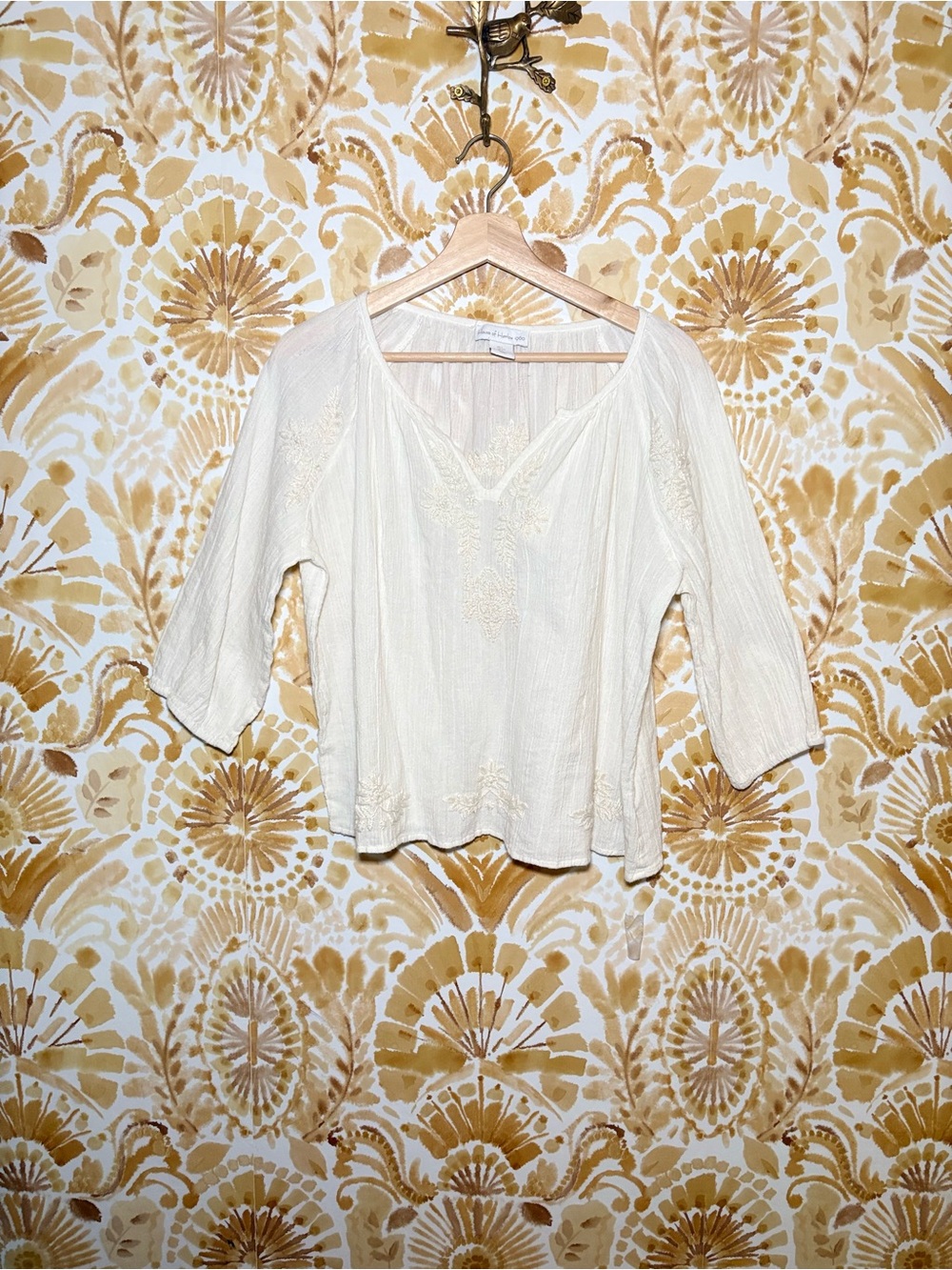 House of Harlow 1960 Ivory Embroidered Boho Blouse | 3/4 Sleeve V-Neck Top - Picture 2 of 11